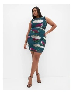 Halo Ruched Print Mini Dress in Emerald