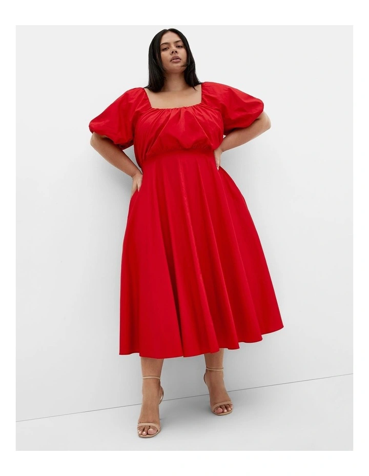 Rosabella Puff Sleeve Midi Dress in Red image 1