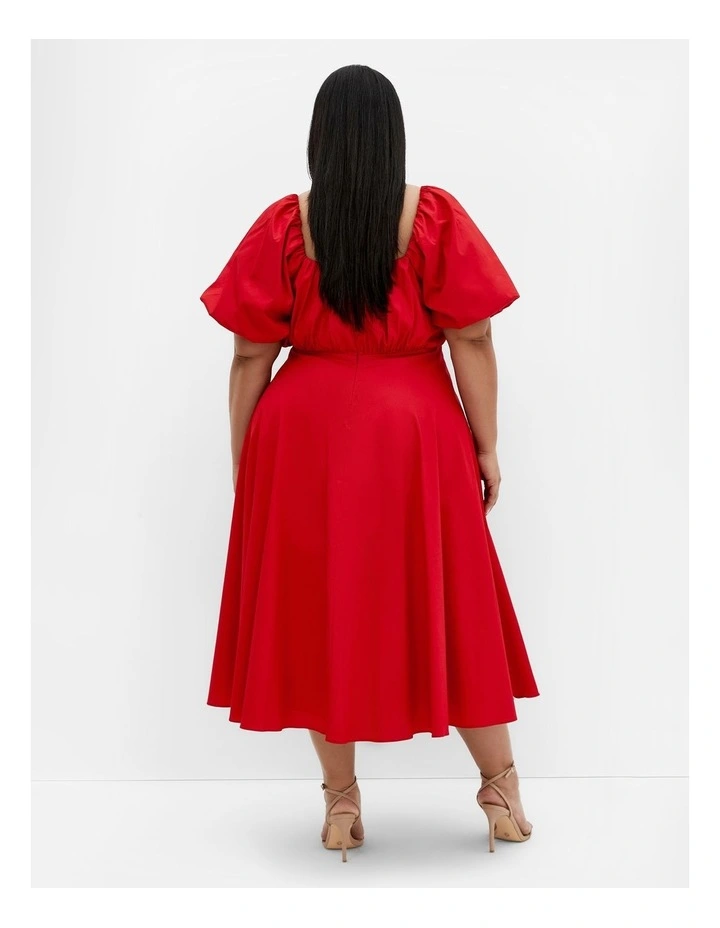 Rosabella Puff Sleeve Midi Dress in Red image 2