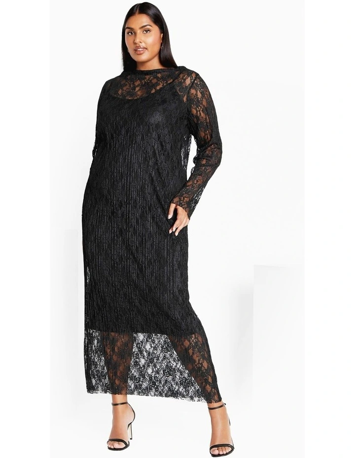Lace High Neck Sheath Maxi Dress in Black image 1