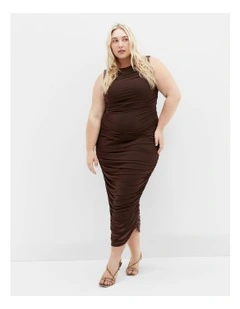 Halo Ruched Midi Dress in Cocoa