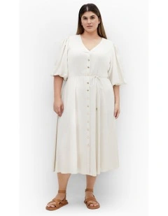Dahlia V Neck Button Dress in Natural