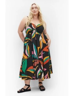 Maui Print Shirred Maxi Dress in Black