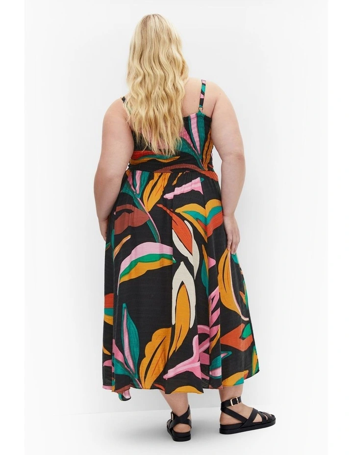 Maui Print Shirred Maxi Dress in Black image 2