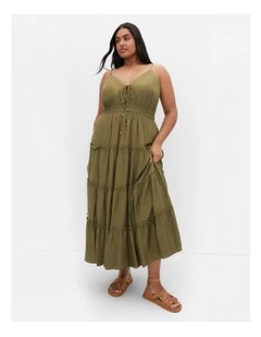 Aiza Crochet Tier Maxi Dress in Khaki