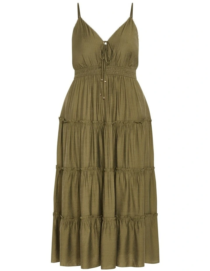 Aiza Crochet Tier Maxi Dress in Khaki image 3