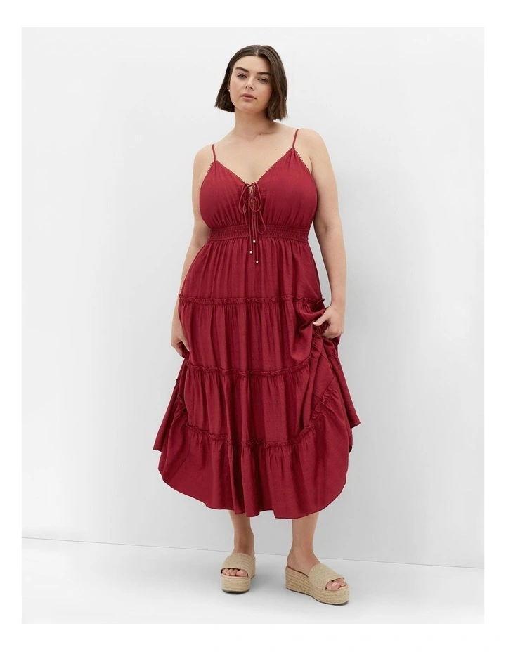 Aiza Crochet Tier Maxi Dress in Red image 1