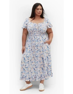 Emie Shirred Midi Dress in Blue