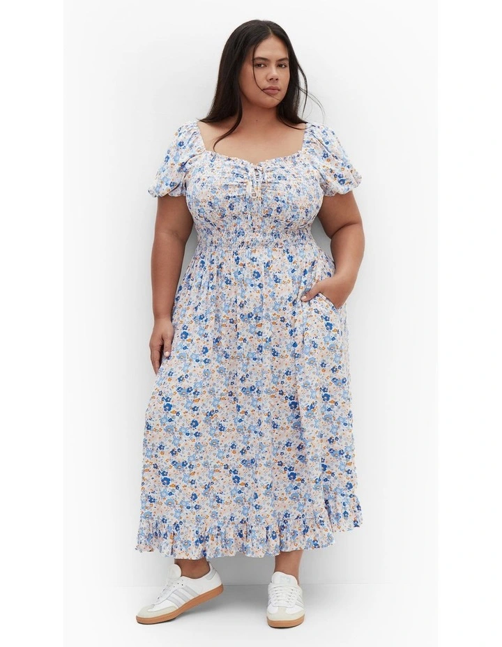 Emie Shirred Midi Dress in Blue image 1