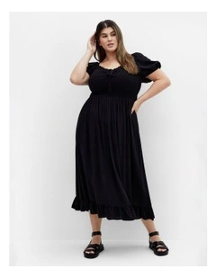 Emie Shirred Midi Dress in Black