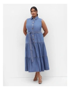 Raya Tiered Denim Maxi Dress in Blue