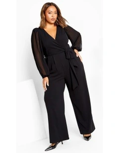 Sheer Sleeve Wide Leg Jumpsuit in Black