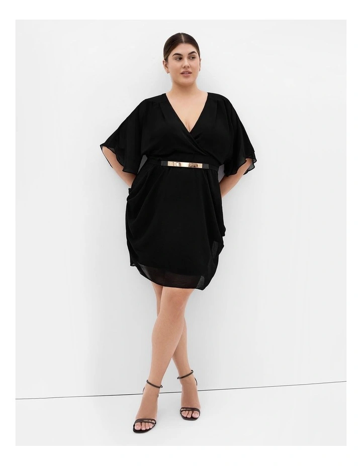 Draped Faux Wrap Dress in Black image 1