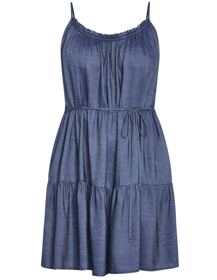 Sweet Tiers Mini Dress in Mid Denim image 3