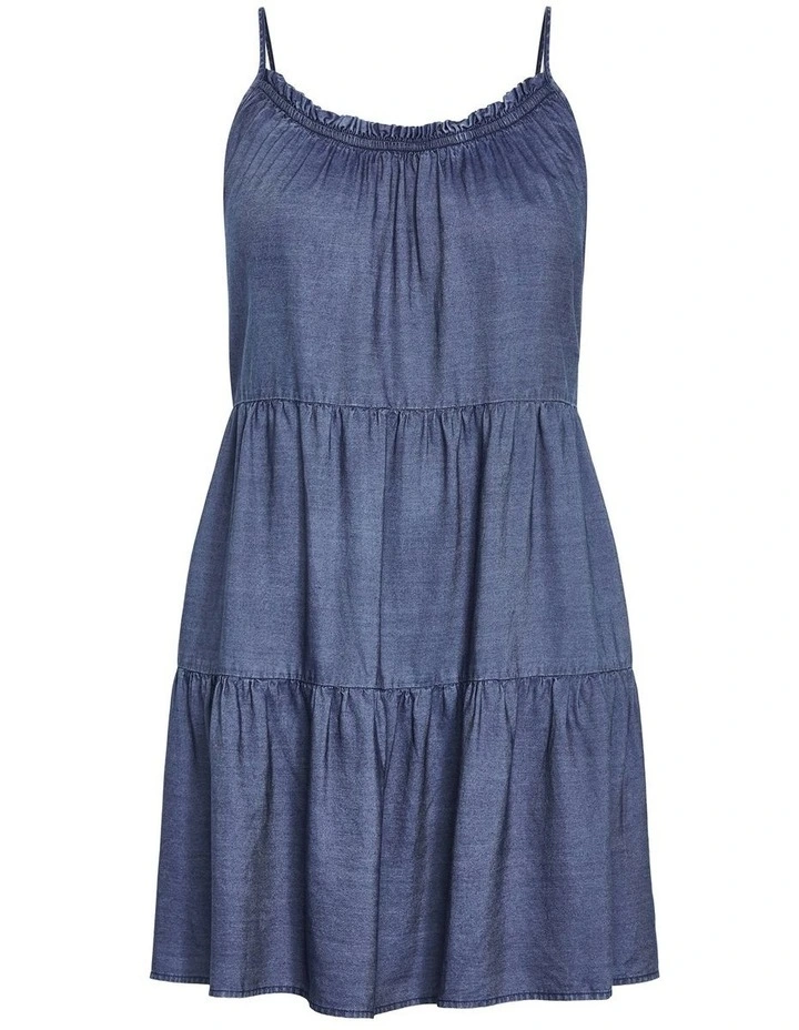 Sweet Tiers Mini Dress in Mid Denim image 5
