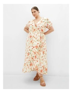 Sarina Print Wrap Midi Dress in Ivory