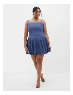 Skye Pleat Mini Dress in Mid Denim