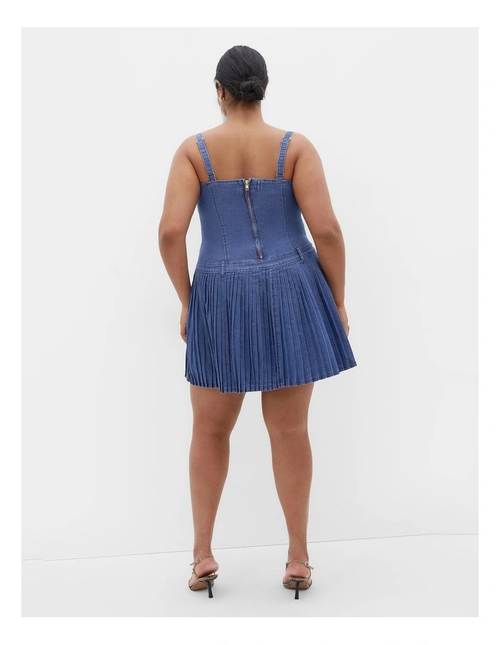 Skye Pleat Mini Dress in Mid Denim image 2