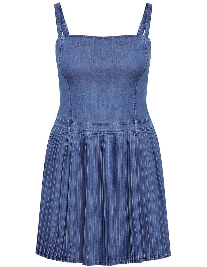 Skye Pleat Mini Dress in Mid Denim image 3