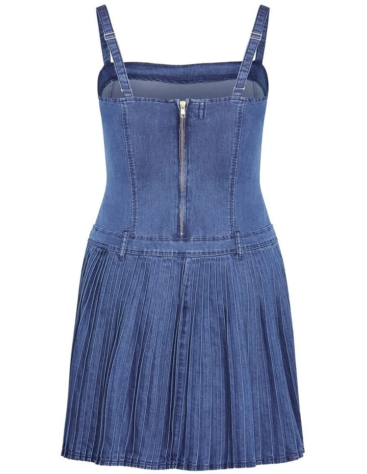 Skye Pleat Mini Dress in Mid Denim image 4