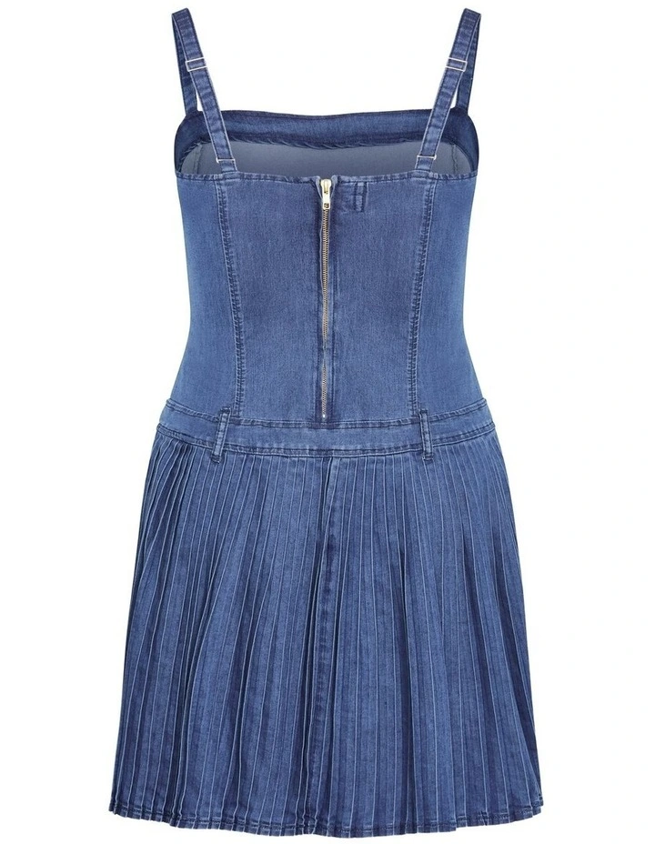 Skye Pleat Mini Dress in Mid Denim image 6