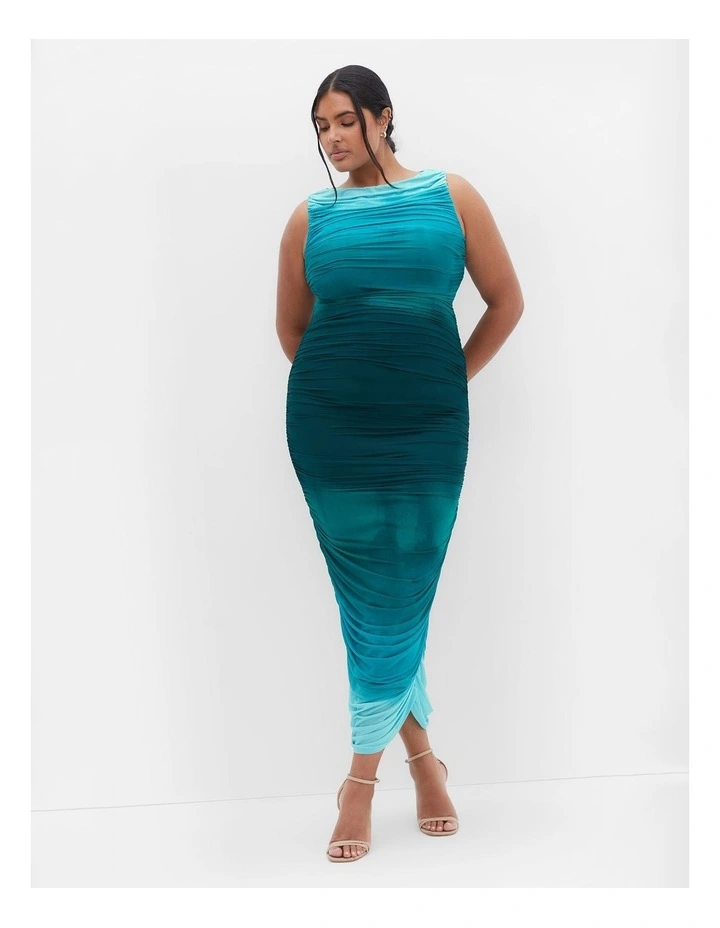 Halo Ruched Ombre Maxi Dress in Green image 1