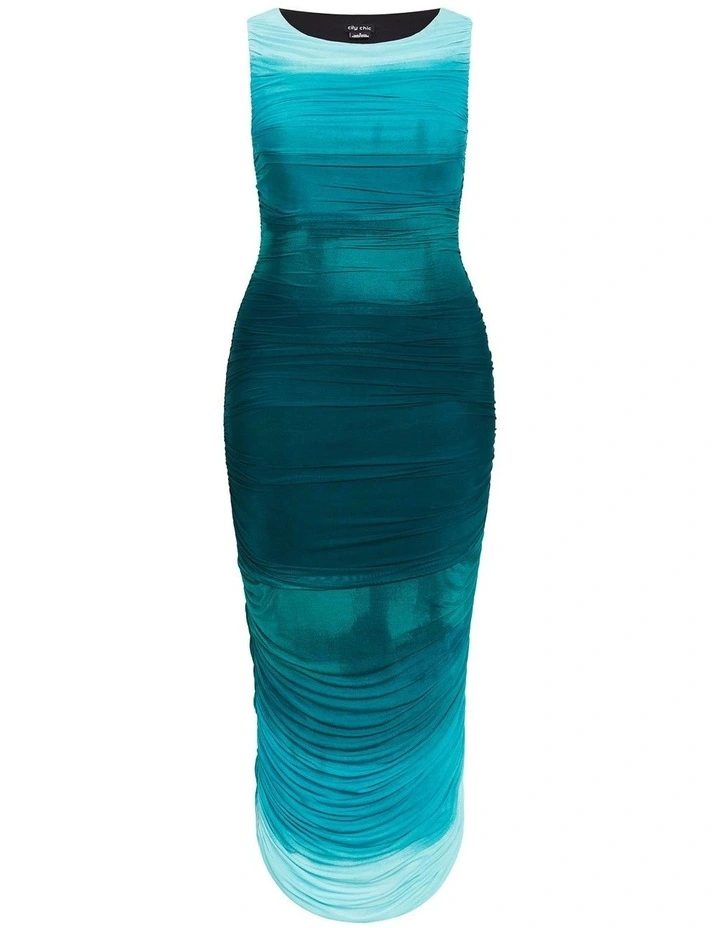 Halo Ruched Ombre Maxi Dress in Green image 3