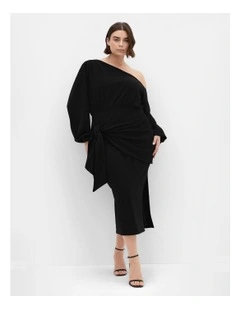Alysia Tie Front Off Shoulder Midi Dress in Black