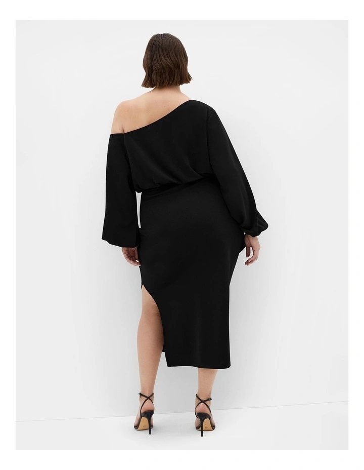 Alysia Tie Front Off Shoulder Midi Dress in Black image 2