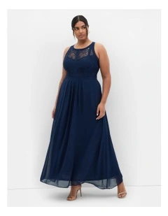 Panelled Bodice Sleeveless Lace Maxi Dress in French Navy