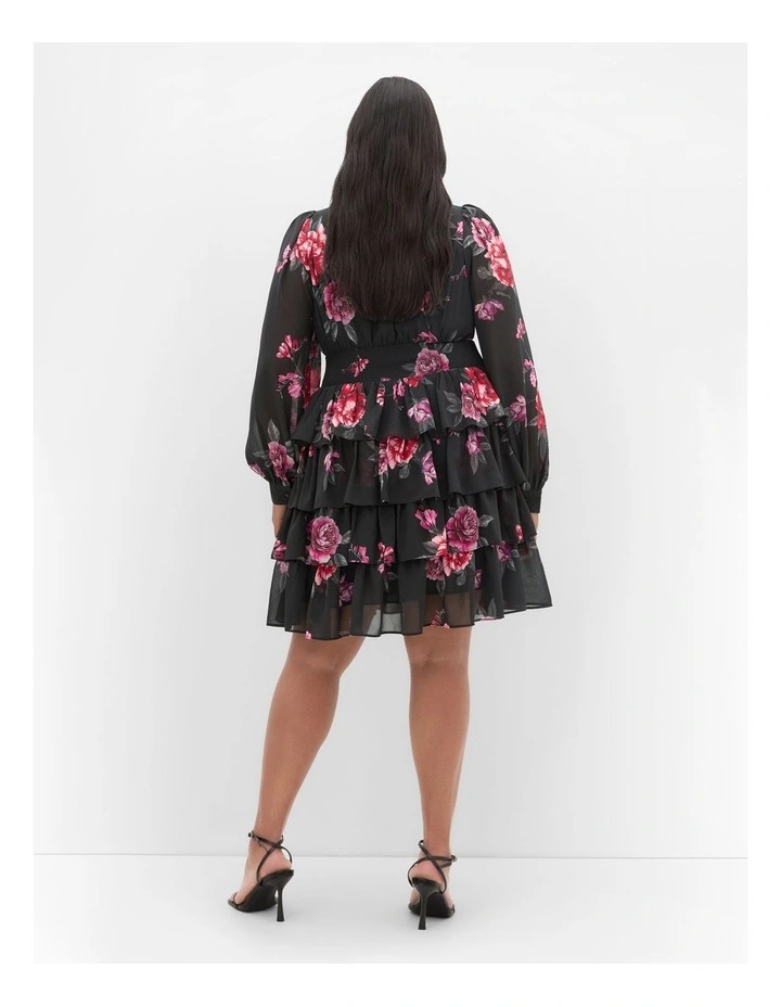 Juliette Print Tiered Mini Dress in Black image 2