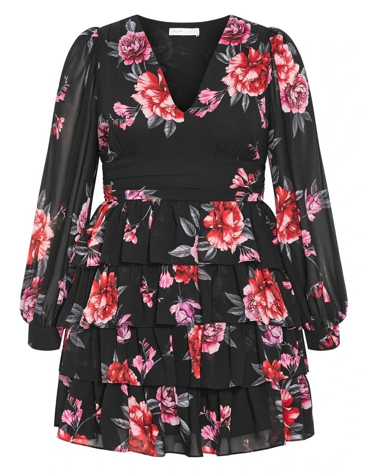 Juliette Print Tiered Mini Dress in Black image 3