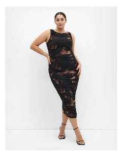 Halo Ruched Midi Print Dress in Mocha Mist