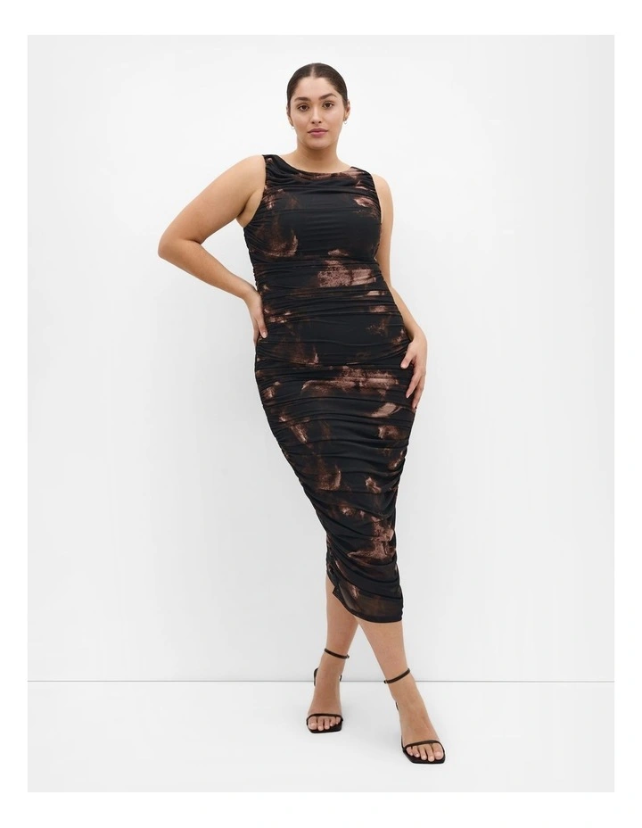 Halo Ruched Midi Print Dress in Mocha Mist image 1