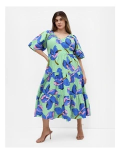Fantasy Print Puff Sleeve Midi Dress in Green