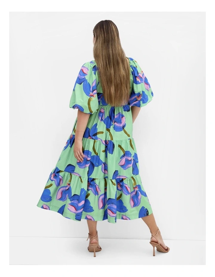 Fantasy Print Puff Sleeve Midi Dress in Green image 2