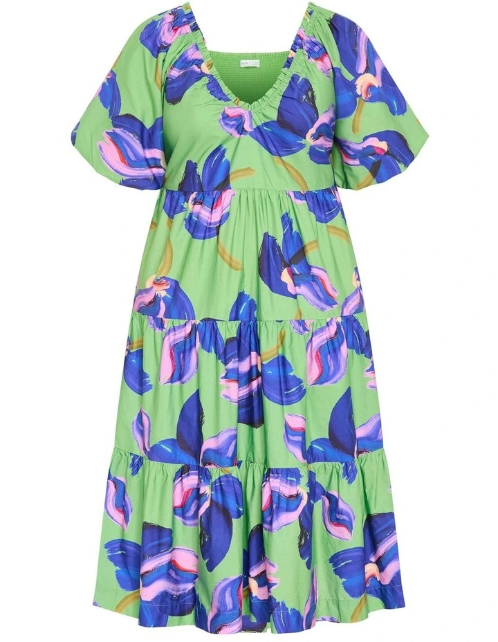 Fantasy Print Puff Sleeve Midi Dress in Green image 3