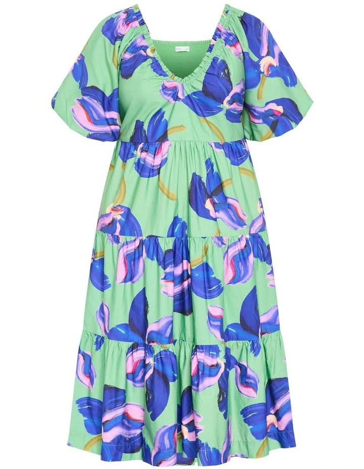 Fantasy Print Puff Sleeve Midi Dress in Green image 5