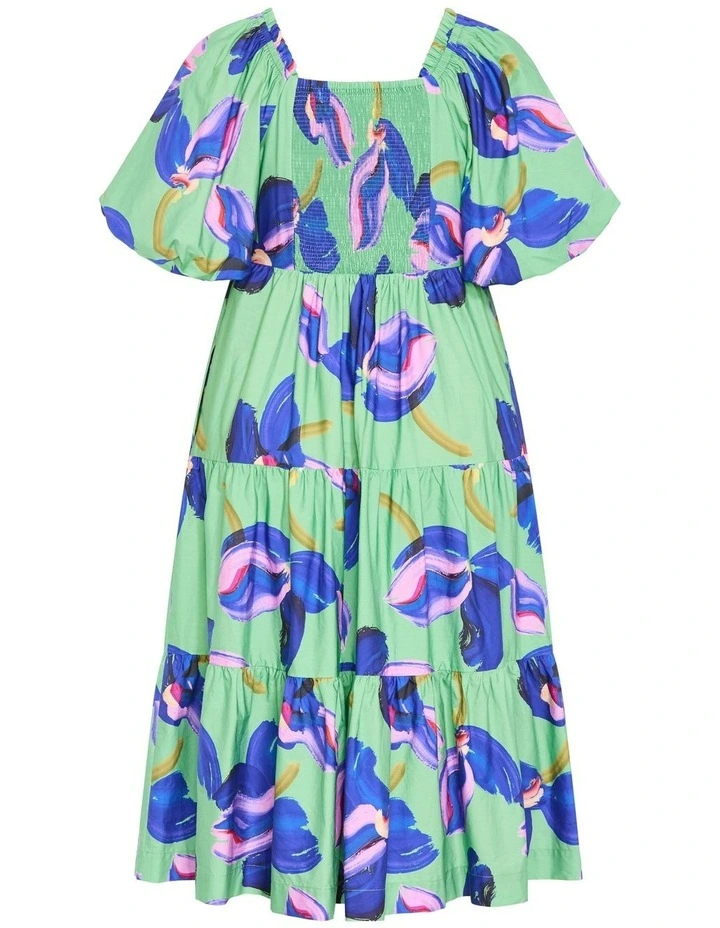 Fantasy Print Puff Sleeve Midi Dress in Green image 6