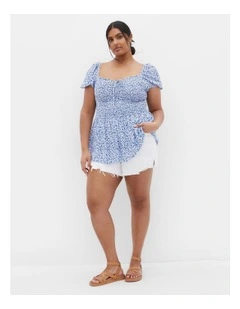 Azure Shirred Print Top in White