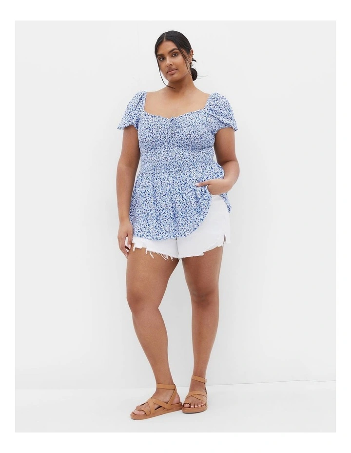 Azure Shirred Print Top in White image 1