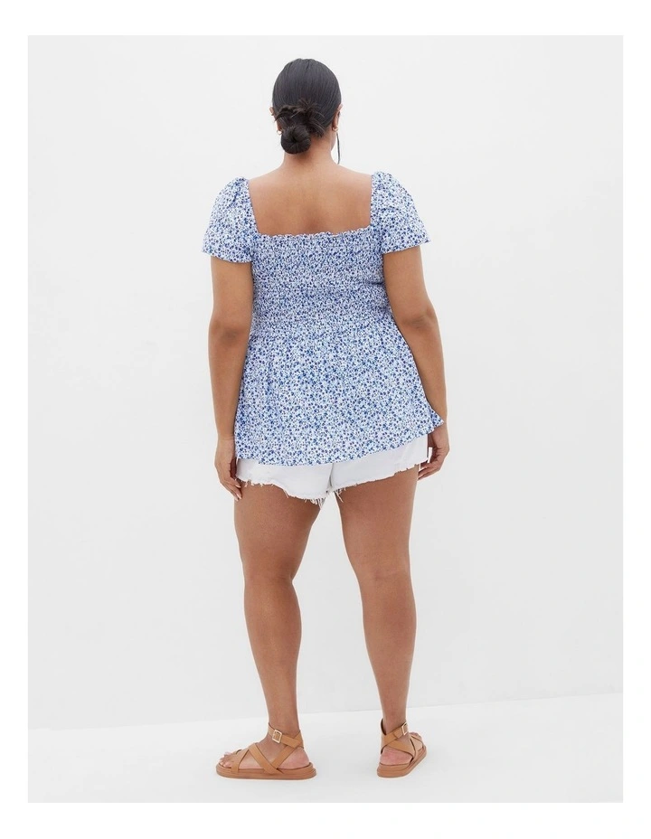 Azure Shirred Print Top in White image 2