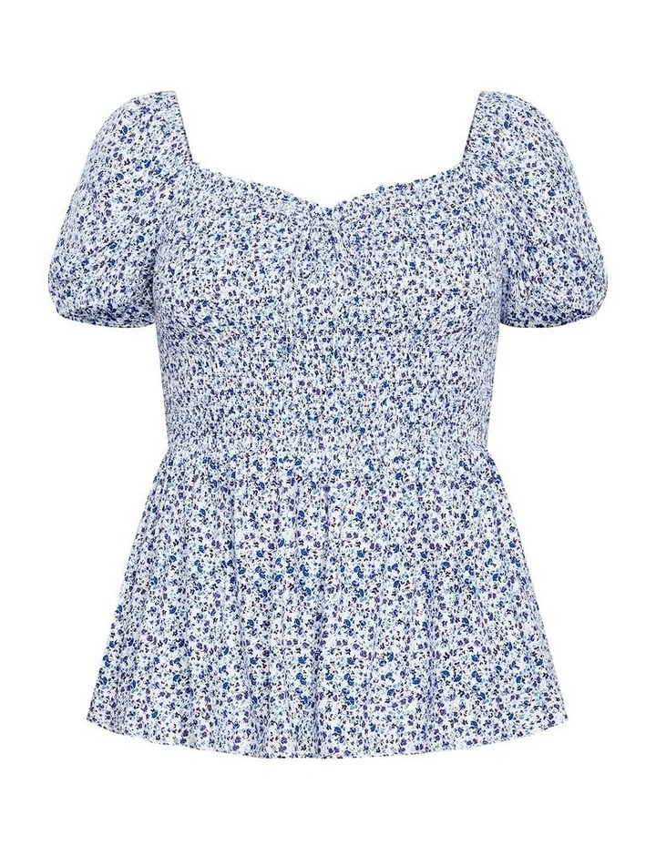 Azure Shirred Print Top in White image 3