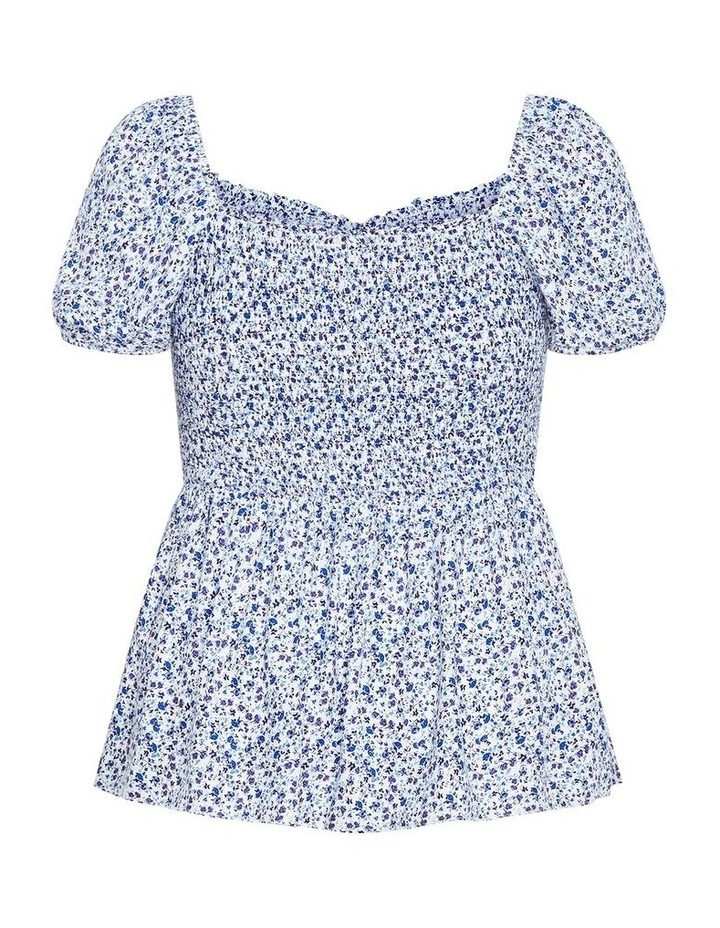 Azure Shirred Print Top in White image 4