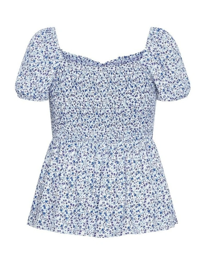 Azure Shirred Print Top in White image 5
