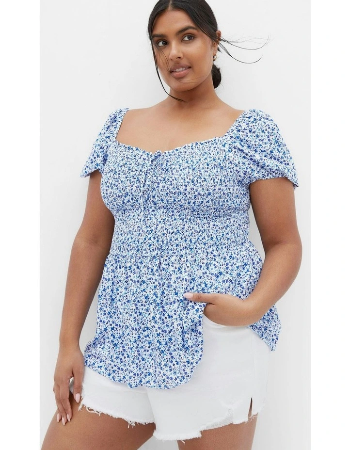 Azure Shirred Print Top in White image 6