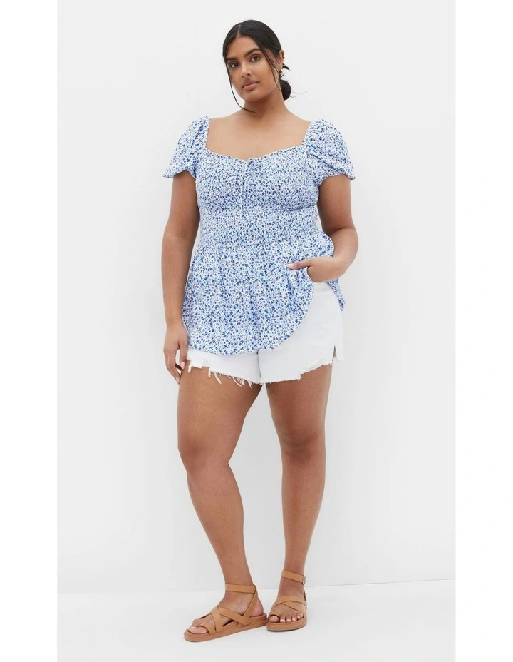 Azure Shirred Print Top in White image 7
