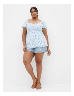 Azure Shirred Print Top in Sky Blue