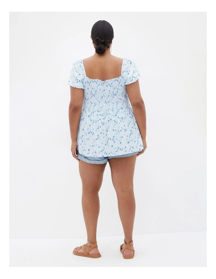 Azure Shirred Print Top in Sky Blue image 2
