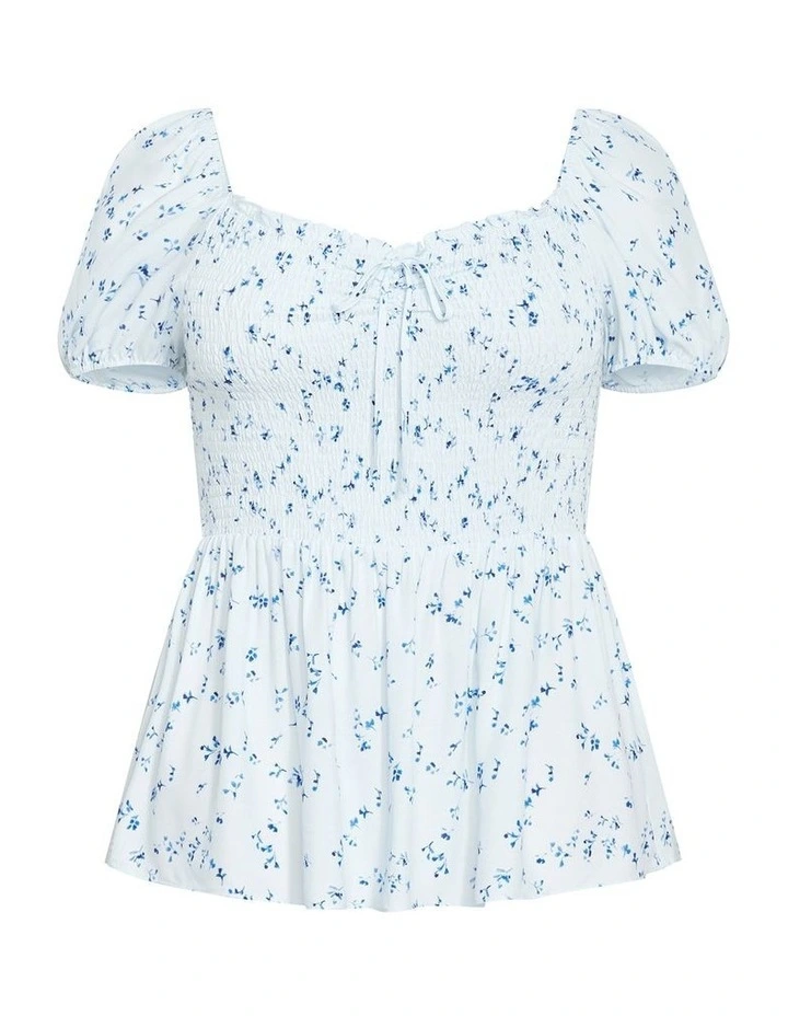 Azure Shirred Print Top in Sky Blue image 3